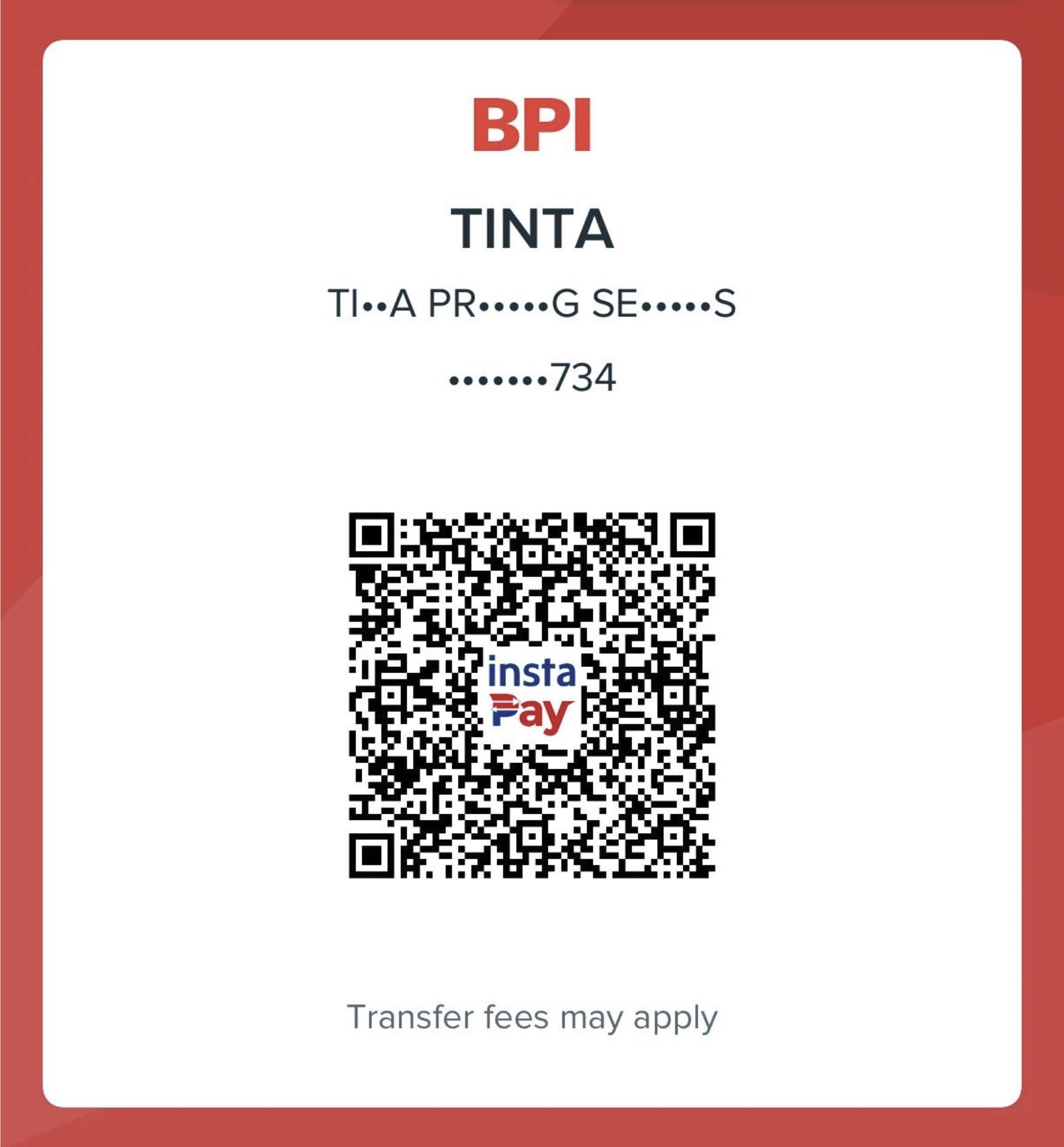 BPI InstaPay payment QR code for Tinta Printing Services